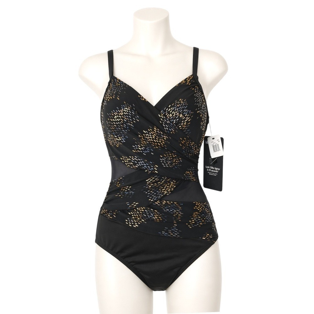 Miraclesuit Swimsuit Iridium Mystique‎ One Piece Size 8 Black Metallic Glam NWT